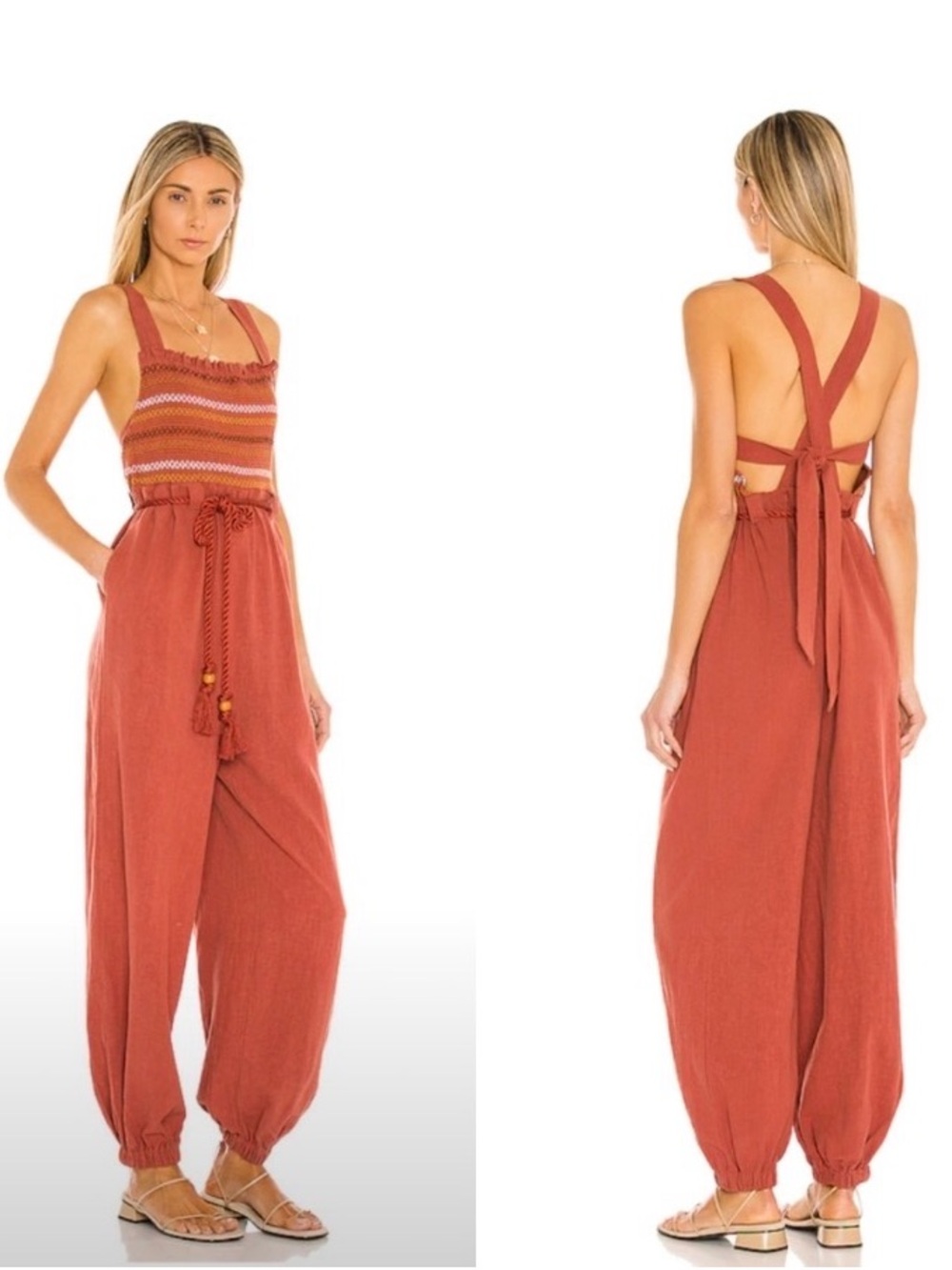 Free People Smocked Linen-Blend Jumpsuit